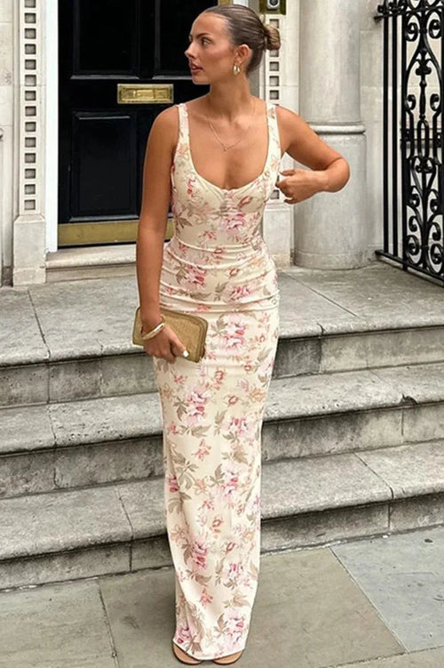 Glorol - Backless Print Sleeveless High Waist Bodycon Maxi Dress