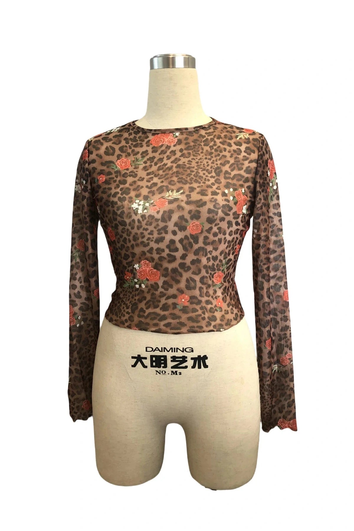 Glorol - Printed Mesh Round Neck Short Long Sleeve Top