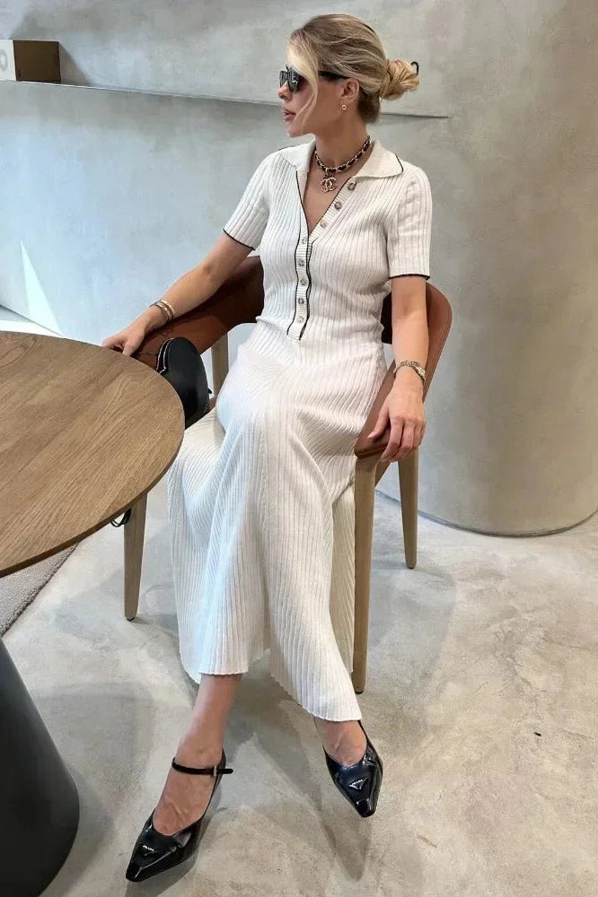 Glorol - Short Sleeve Patchwork High Waist Midi Dress