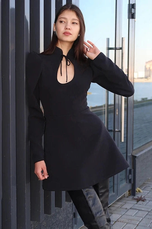 Glorol - Hollow Out Puff Sleeve Lace Up A-Line Mini Dress