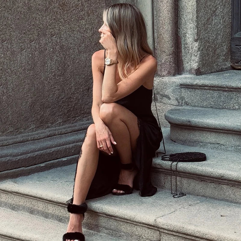 Lace Spaghetti Strap V Neck Slit Maxi Dress