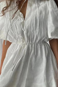 Glorol - Lace-Up Short Sleeve V-Neck High Waist Mini Dress