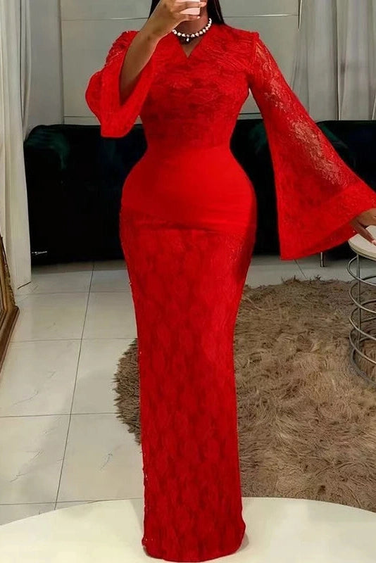 Glorol - Hollow Out Lace Flare Sleeve High Waist Slim Maxi Dress