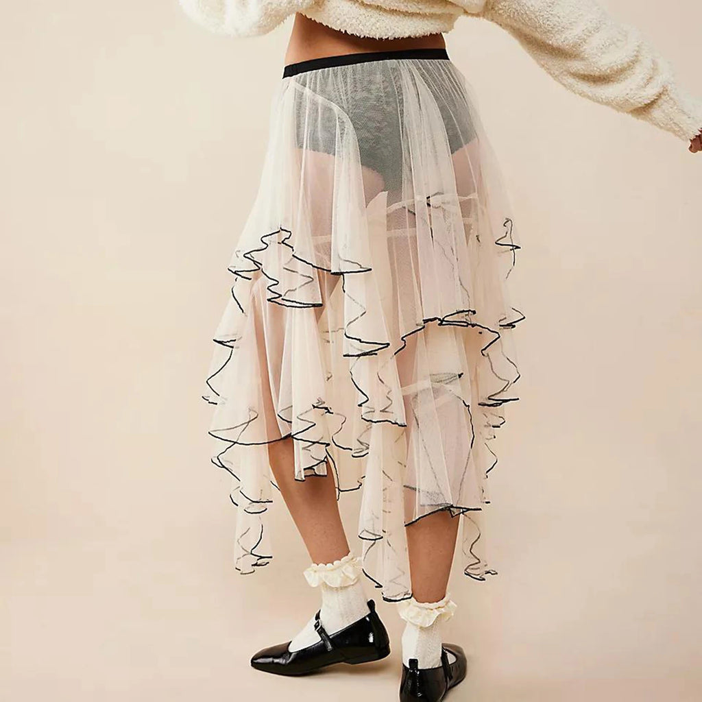 Glorol - Sheer Tulle Irregular Layered Elastic Skirt