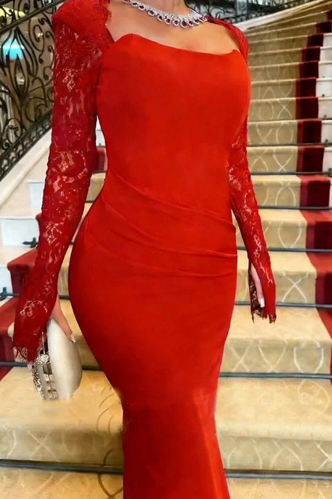Glorol - Long Sleeve Pleated Bodycon Square Collar Lace Slim Maxi Dress