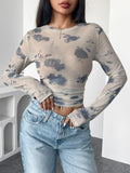 Glorol - Floral Mesh Print Pleated Round Neck Slim Top