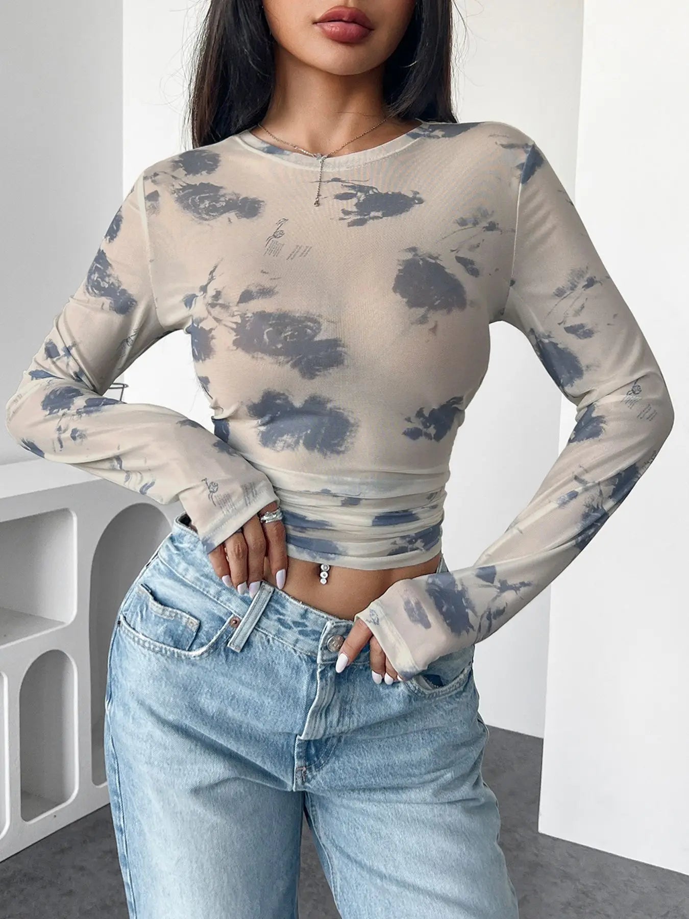 Glorol - Floral Mesh Print Pleated Round Neck Slim Top