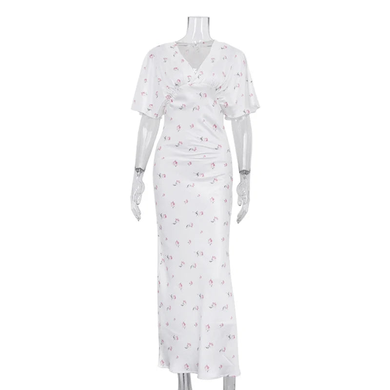 Glorol - Printed V-Neck Short Sleeve Maxi Dress