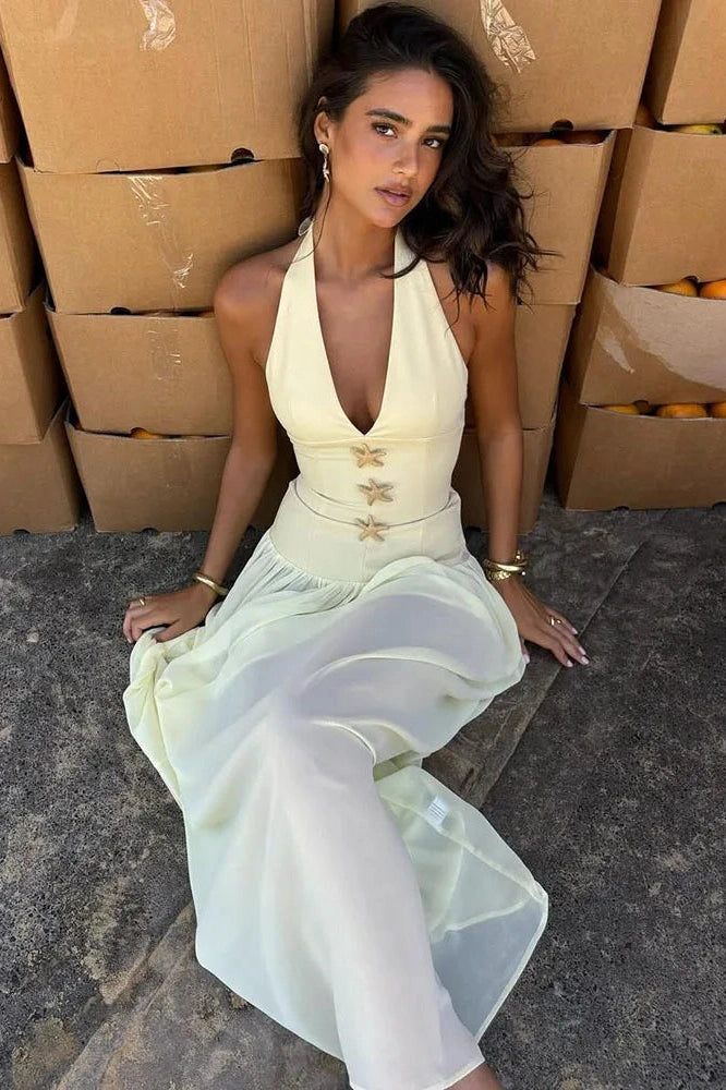 Glorol - Backless Deep V Neck Sleeveless Maxi Dress
