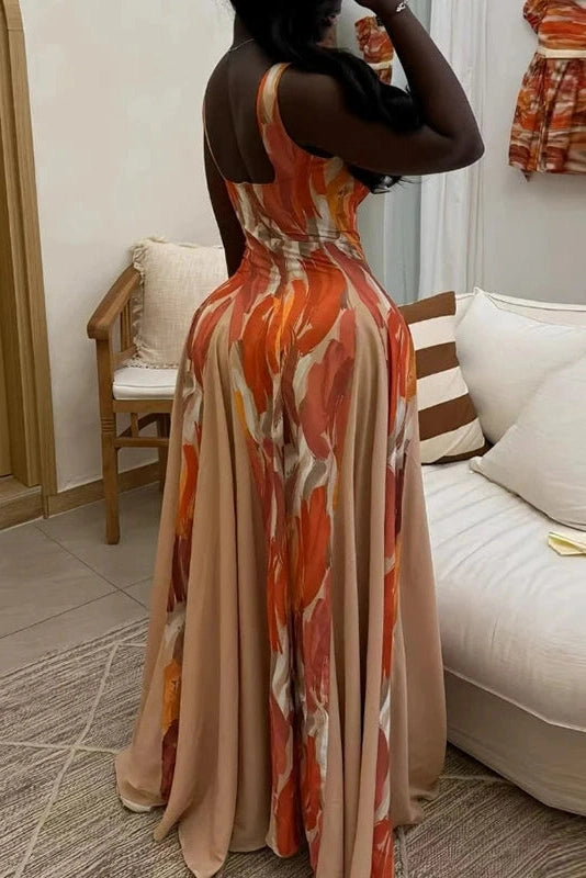 Glorol - Printed High Waist Pleated Slim Sleeveless Maxi Dress