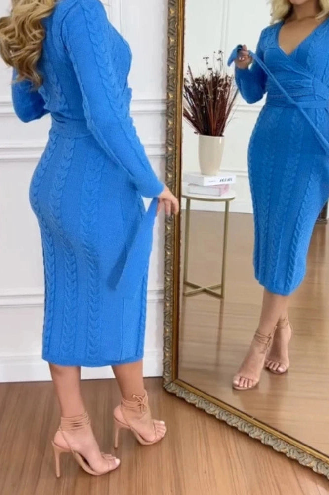 Glorol - Long Sleeve Slim High Waist V-Neck Midi Dress
