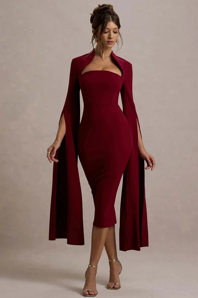 Glorol - Long Sleeve Square Collar Back Slit Bodycon Midi Dress