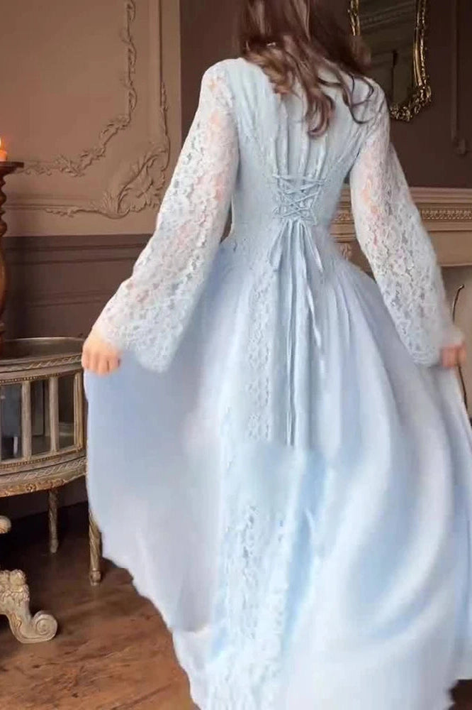 Glorol - O-Neck Long Sleeve Pleated High Waist Lace Maxi Dress