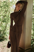 Glorol - Elegant Pleats Slim-Fit Long-Sleeved Irregular Maxi Dress