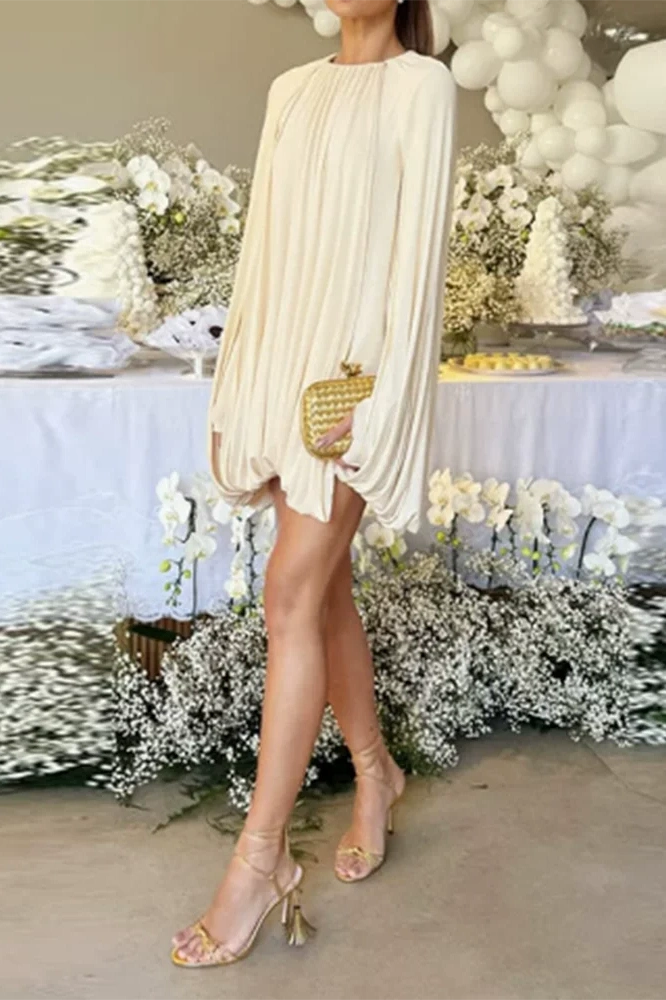 Glorol - Elegant High Waist A-Line O-Neck Long Sleeve Mini Dress