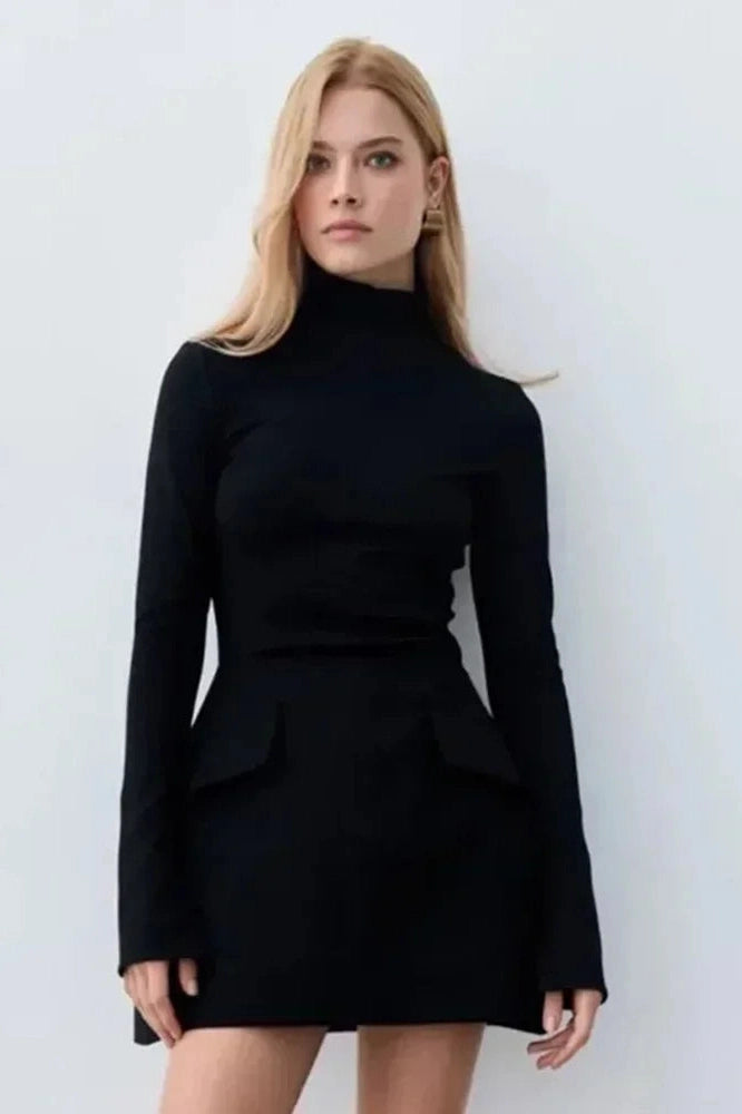 Glorol - Elegant Slim Two Pocket Long Sleeve A-Line Mini Dress
