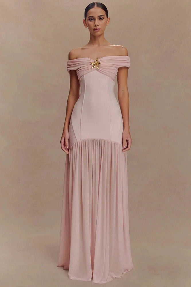 Glorol - Off-Shoulder Backless Patchwork Sleeveless Pleated Maxi Dress