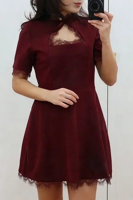 Glorol - Lace Slim High Waist Short Sleeves Mini Dress