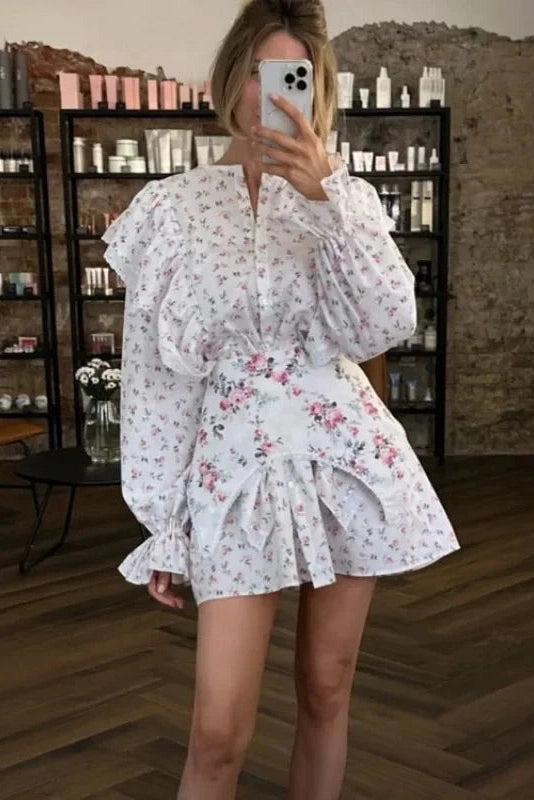 Glorol - Printed Lace Up Long Sleeve Slim Mini Dress