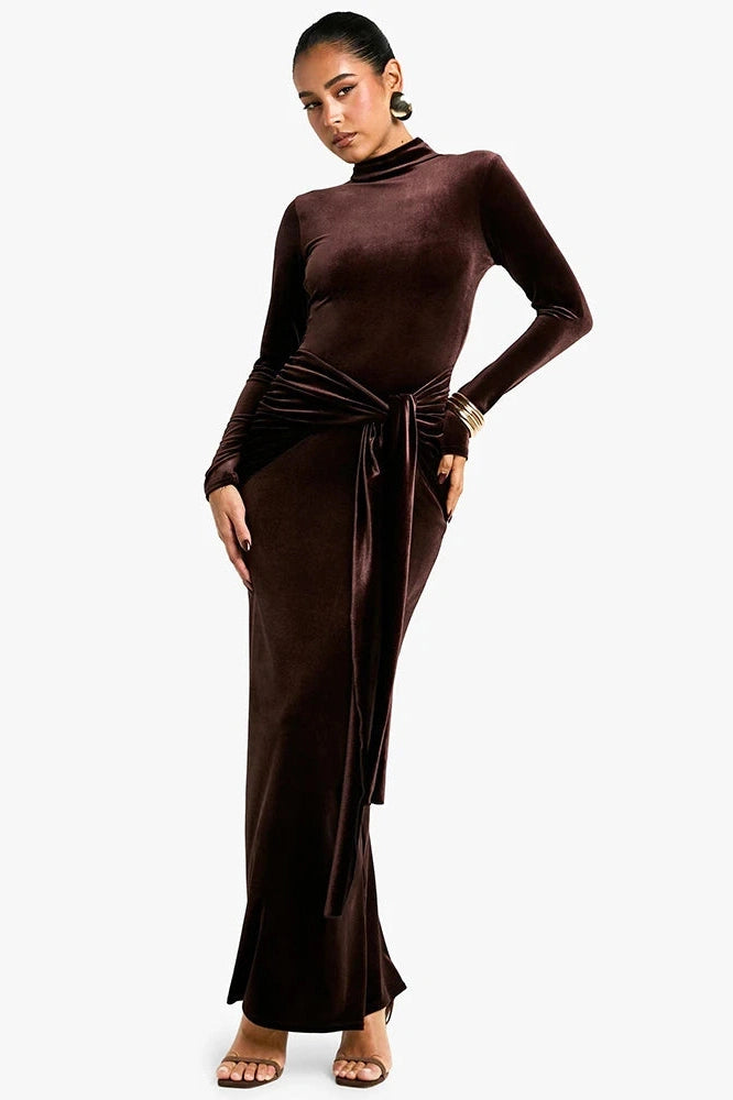Glorol - Long Sleeve Turtleneck Bodycon Maxi Dress
