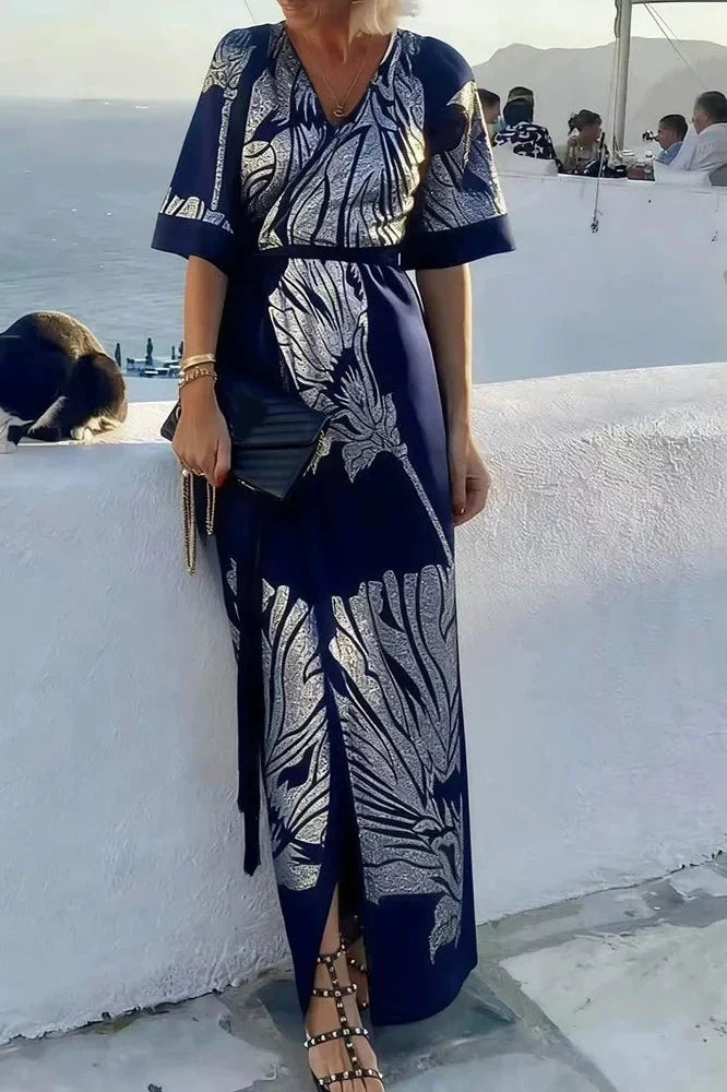 V-Neck Short Sleeve Pleated Printed Maxi Dress