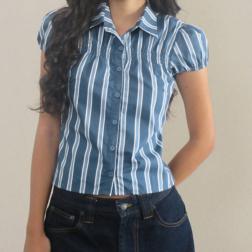 Glorol - Sleeves Stripes Plaid Print Slim Fit Top