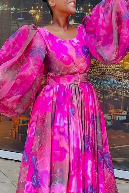 Square Collar Pleated High Waist Printed Long Sleeve Maxi Dress