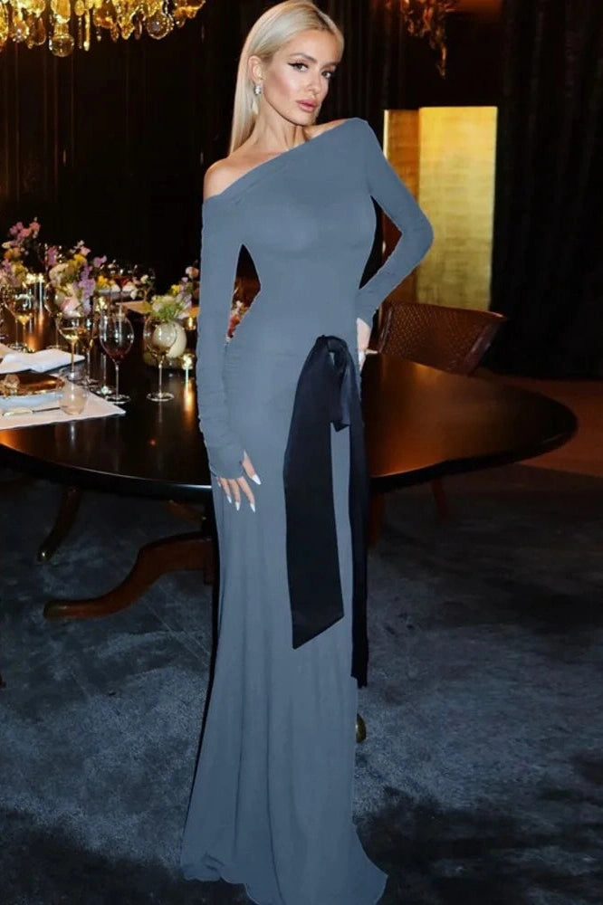 Glorol - Long Sleeve Patchwork O Neck Bodycon Maxi Dress