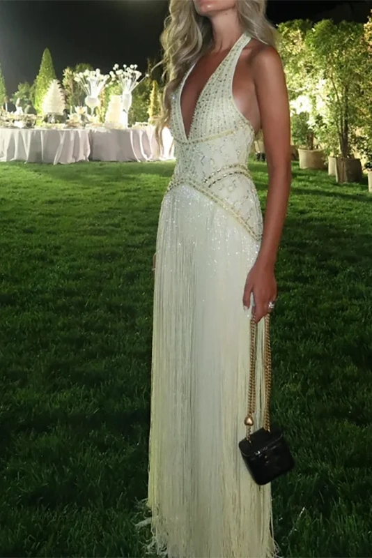 Glorol - Sleeveless Backless High Waist V-Neck Slim Maxi Dress