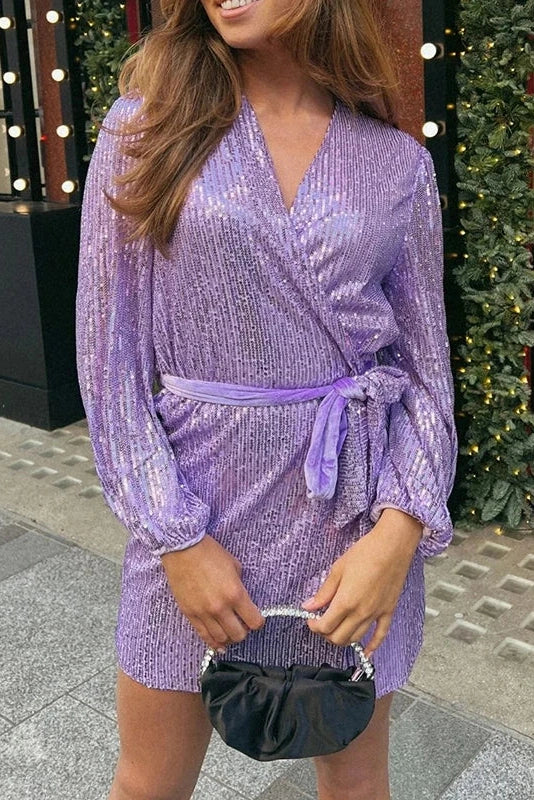 Elegant Long Sleeved Waist Slim V Neck Lace Up Mini Dress