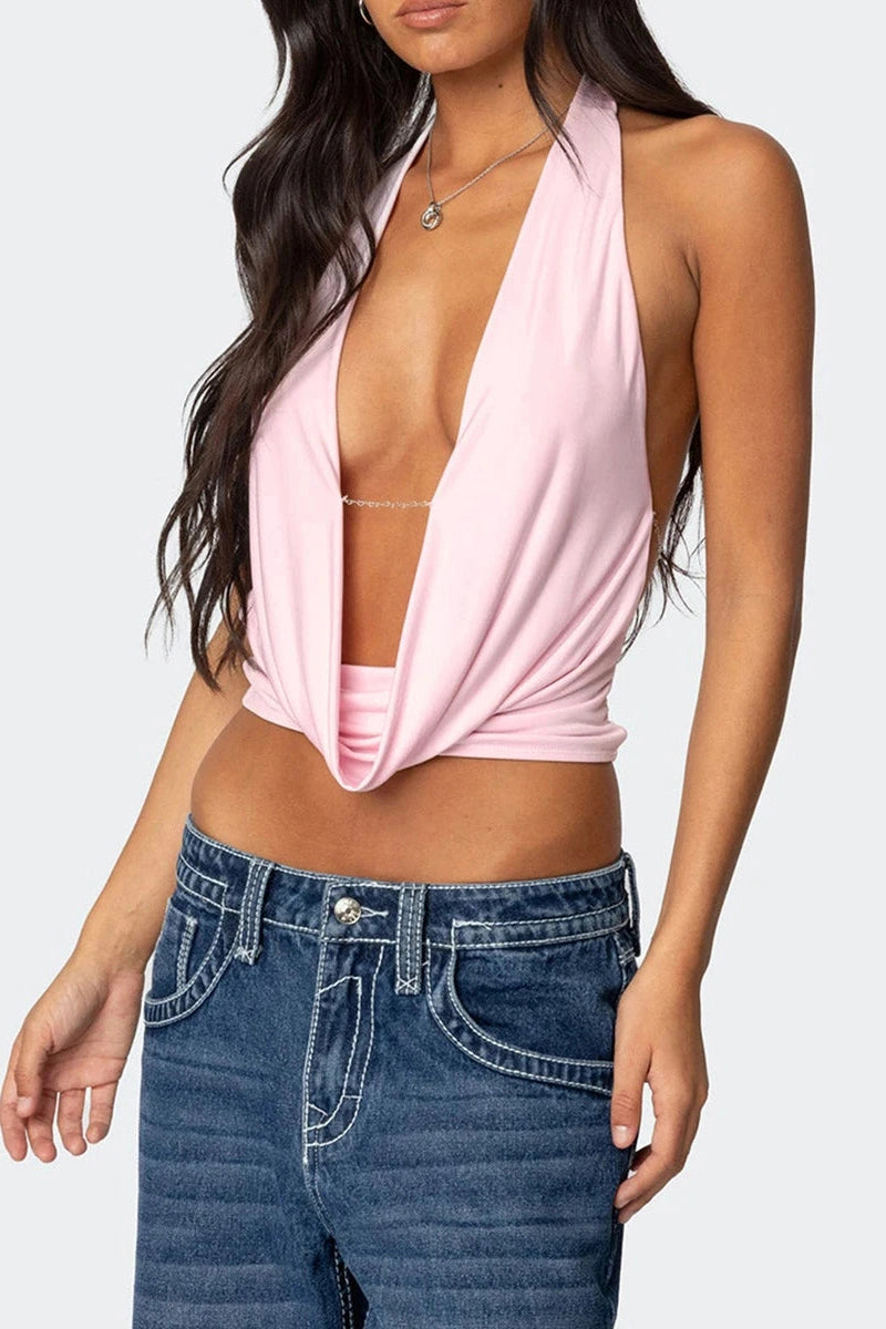 Glorol - Sleeveless Deep V-Neck Slim Fit Top