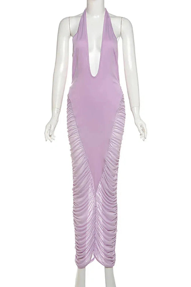 Glorol - Deep V Neck Patchwork Mesh High Waist Maxi Dress