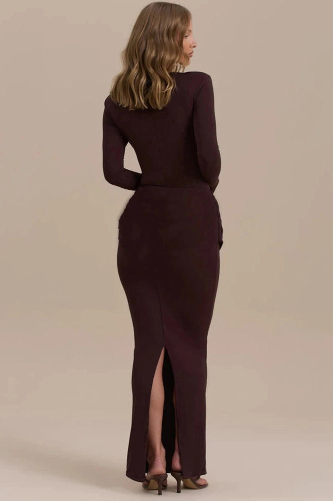Glorol - Long Sleeve O Neck High Waist Bodycon Maxi Dress