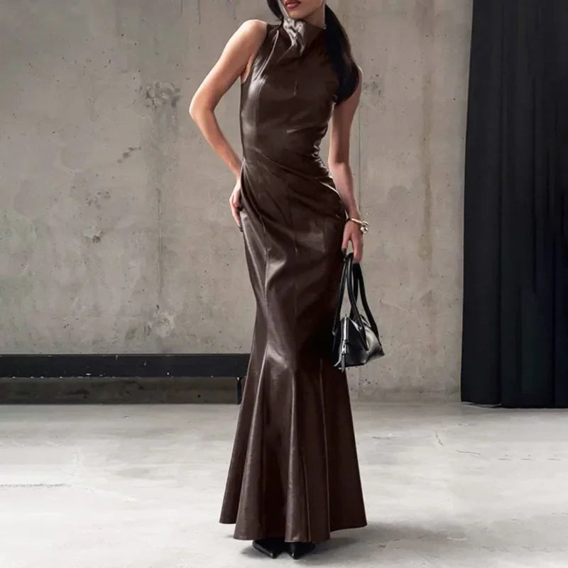 Glorol - PU Leather Patchwork High Waist Sleeveless Maxi Dress
