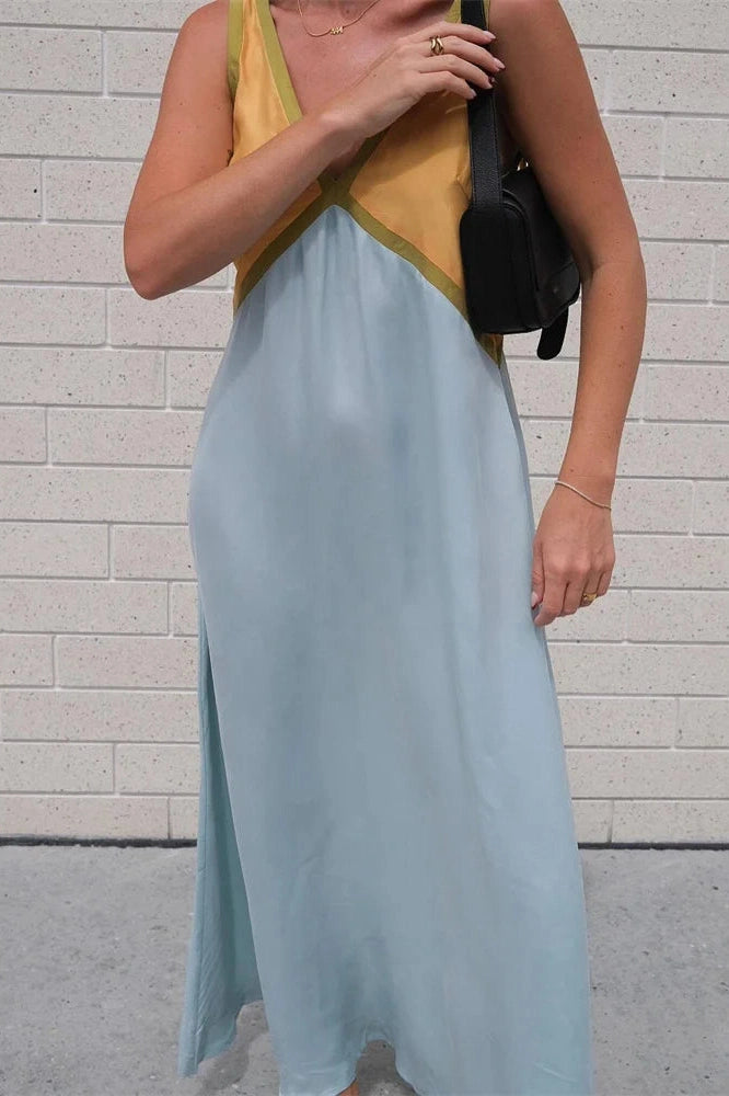 Glorol - Patchwork V-Neck Strapless Sleeveless Slim Maxi Dress