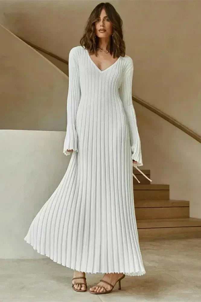 V-Neck Knit Long Sleeve High Waist Pleated Maxi Dress