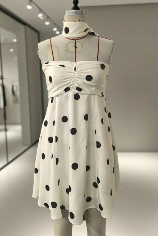 Glorol - Polka Dot Off-Shoulder Backless Pleated Strapless Mini Dress