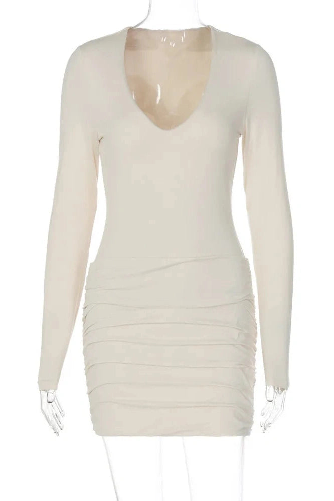 Glorol - Deep V Neck Long Sleeve High Waist Mini Dress