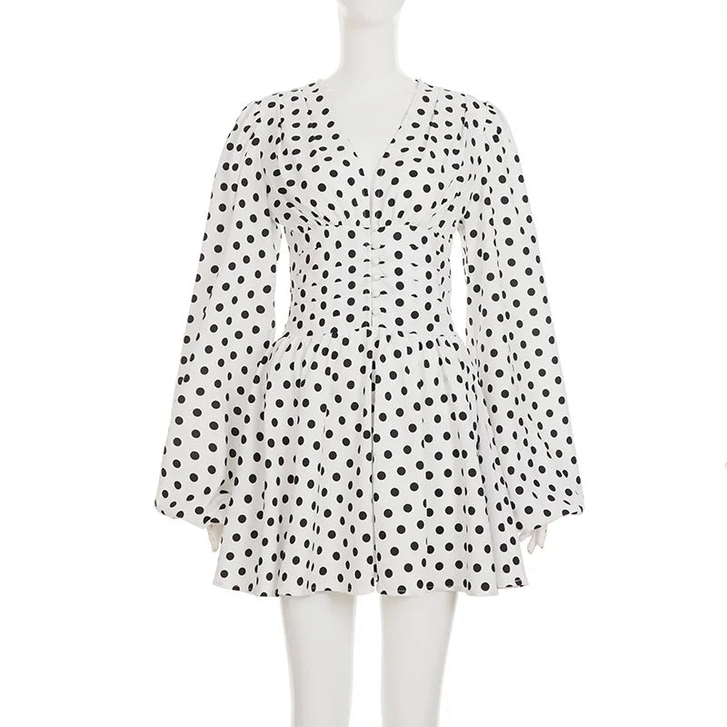 Glorol - Polka Dot Print Deep V-Neck Single-Breasted Mini Dress
