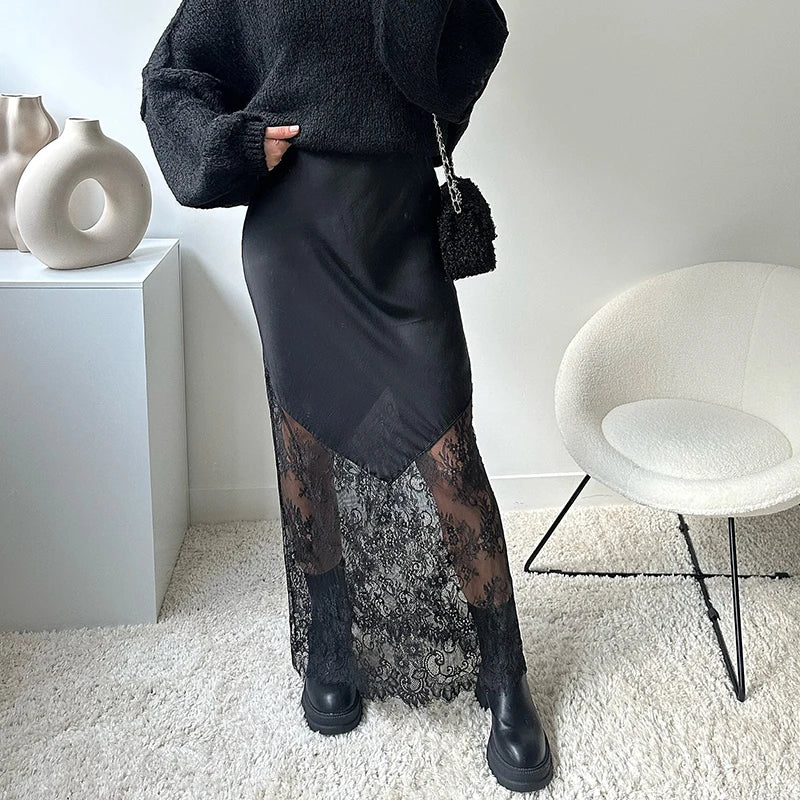 Glorol - High Waist Lace Splicing Hollow Out Skirt