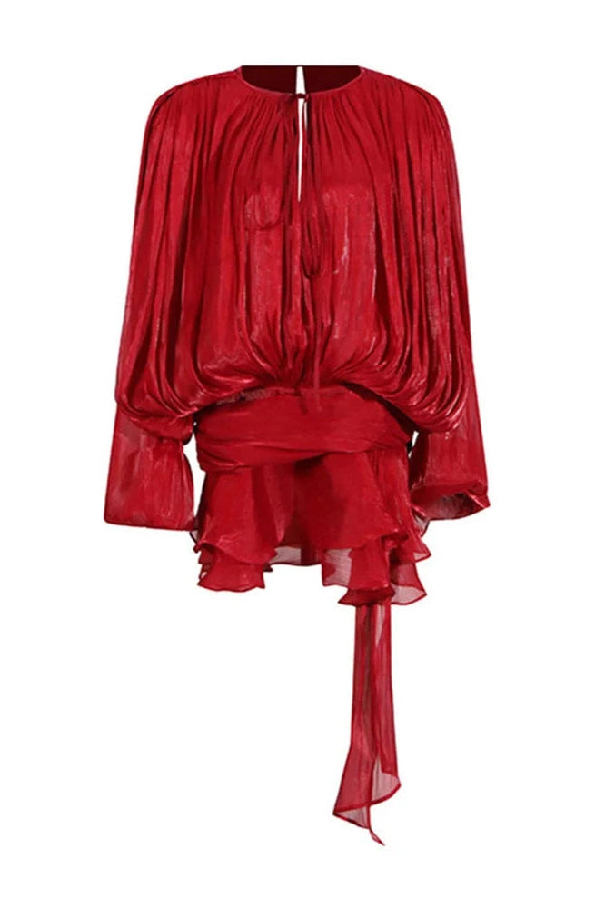 Glorol - Elegant Pleated Long Sleeve High Waist Mini Dress