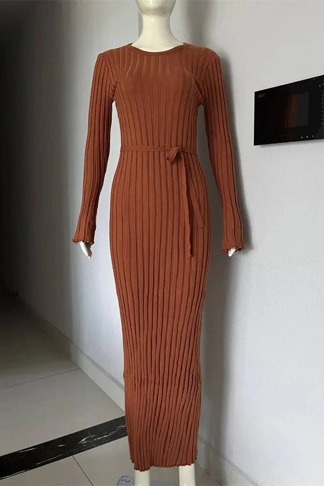 Glorol - Lace-Up High Waist Patchwork Long Sleeve Maxi Dress