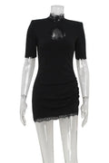 Glorol - Lace Hollow Out Patchwork Short Sleeve Slim Mini Dress