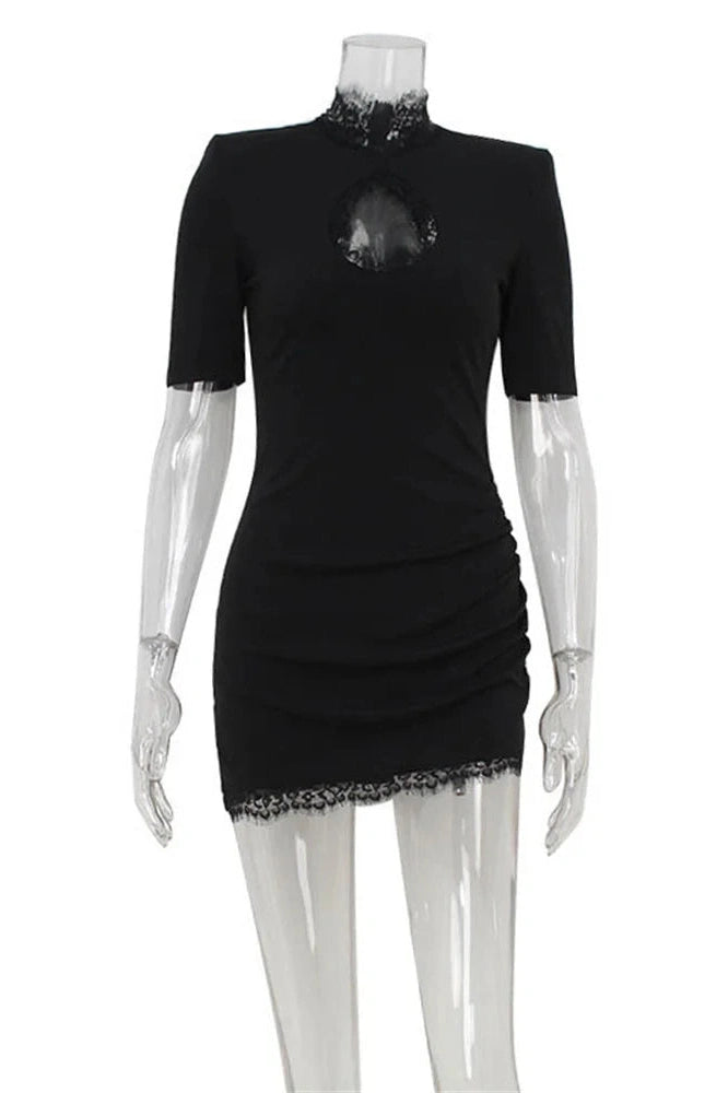 Glorol - Lace Hollow Out Patchwork Short Sleeve Slim Mini Dress