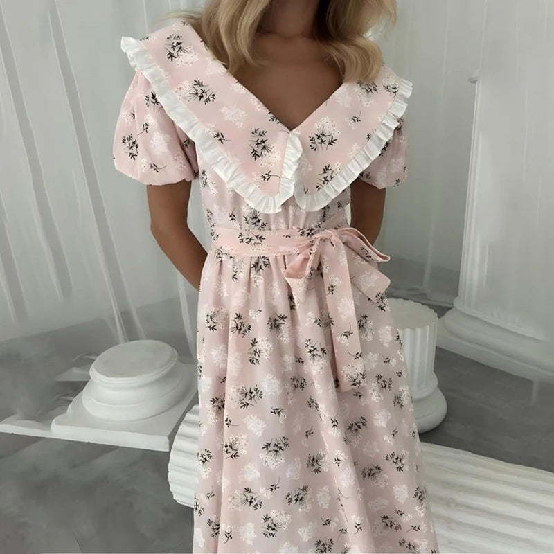 Glorol - Printed Short Sleeve Lace-Up Midi Dress