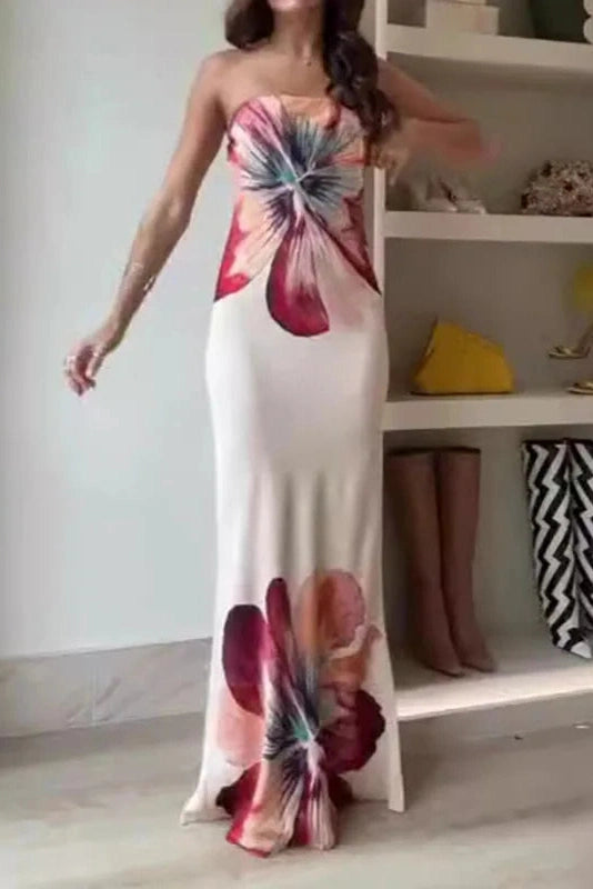 Glorol - Printed Off Shoulder Slim Backless Strapless Maxi Dress