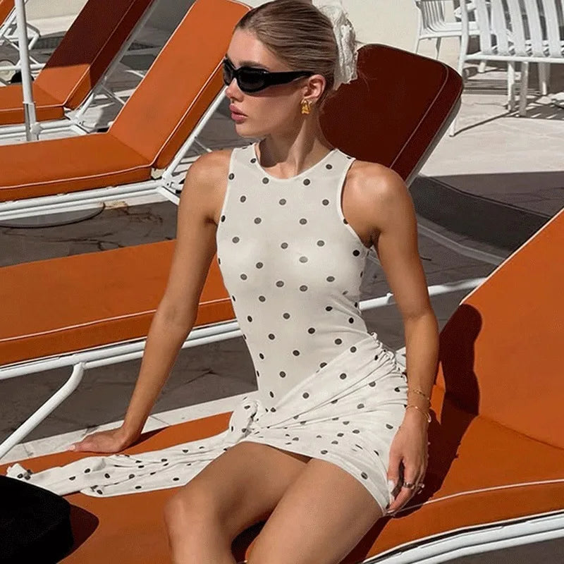 Glorol - Polka Dot Lace-Up Printed Patchwork Sleeveless Mini Dress