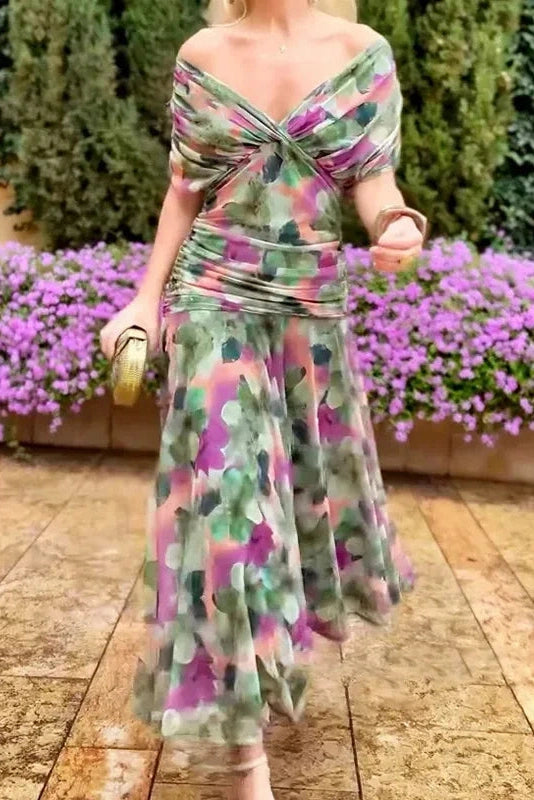 Glorol - Printed Shawl Sleeve High Waist Pleated V-Neck Off Shoulder Maxi Dress