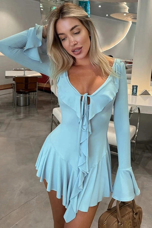 Glorol - Deep V Neck Long Sleeve Slim Mini Dress