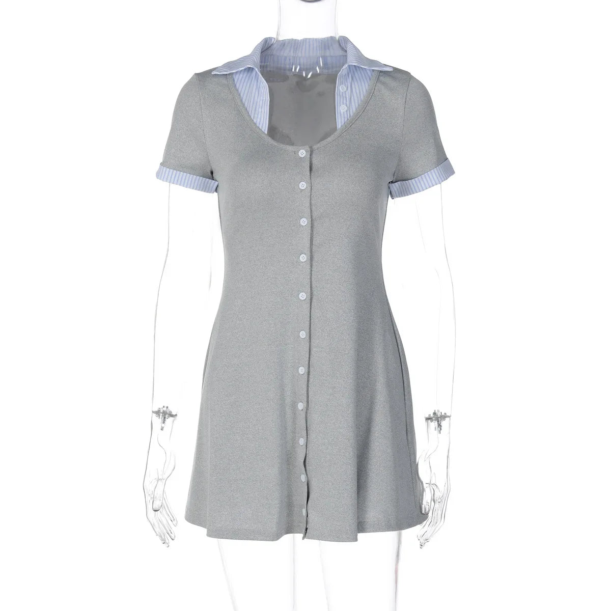 Glorol - Short Sleeve Single Breasted Slim A-Line Mini Dress